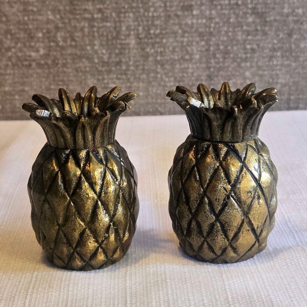 Vintage Brass Style Pineapple Salt and Pepper Shakers Set Tropical Coastal Decor